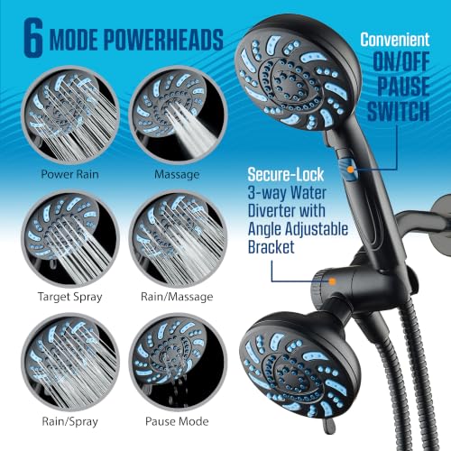 AquaCare 2026 High Pressure Dual Handheld Shower Head Combo w/Pause Switch | Detachable Showerhead Wand, Stay-Clean Jets, Extra-long 6 ft. Stainless Steel Hose, Dual Wall & Overhead Brackets / Black - color: Black