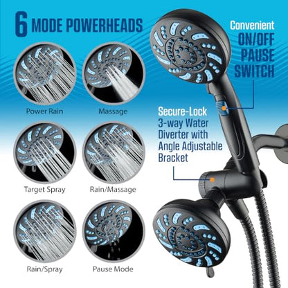 AquaCare 2026 High Pressure Dual Handheld Shower Head Combo w/Pause Switch | Detachable Showerhead Wand, Stay-Clean Jets, Extra-long 6 ft. Stainless Steel Hose, Dual Wall & Overhead Brackets / Black - color: Black