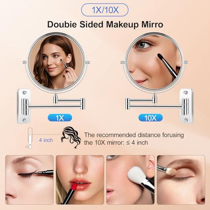 8'' Makeup Mirror Wall Mounted, Wall Mounted Makeup Mirror with 1X/10X Magnifying Mirror 360° Swivel Extendable Adjustable Arm Extendable Mirrors for Bathroom, Chrome (No Light)
