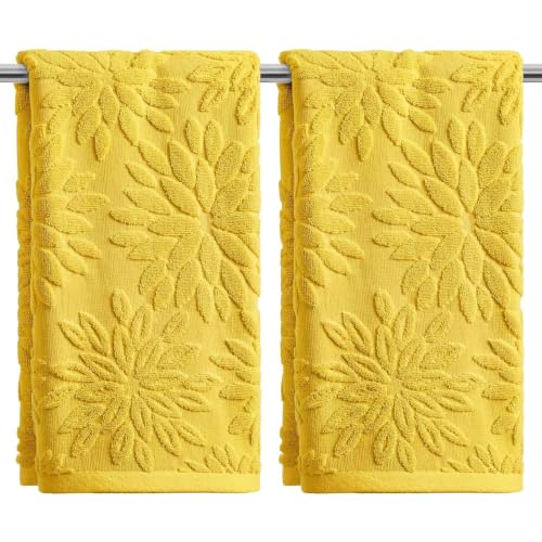 Artoid Mode 2 Pcs Yellow 3D Dahlia Floral Jacquard Hand Towels for Bathroom, 100% Cotton Soft Absorbent Bathroom Decor Towels, 13.7 x 29.5 Inch - color: Yellow, size: 13.7" x 29.5", 2PCS