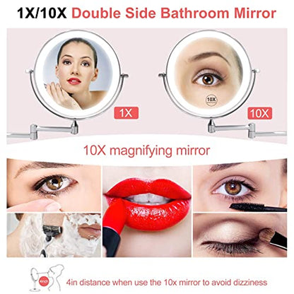 LED Makeup Mirror with Lights and 10x Magnification Vanity Mirror Wall Mounted Round Double Sided Vanity Magnifying with 360° Swivel Extendable Arm Make up Mirror,Black,Hard Wired ( Color : Black , Si