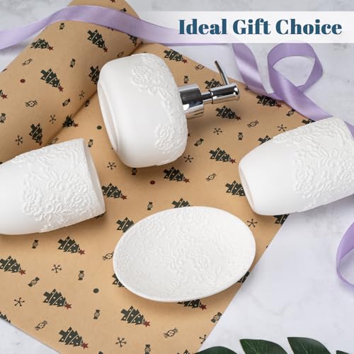 Ceramic White Bathroom Accessory Sets Embossed Design Look, Includes Bathroom Soap Dispenser with Rust-Proof Plastic Pump 13.5oz & 2Pcs Ceramic Cup,1Pcs Soap Dish - color: White-sliver