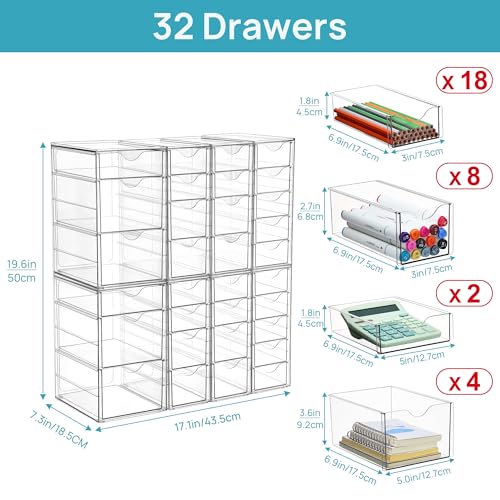 Vtopmart Acrylic Desk Organizer with 32 Drawers for Office, Makeup, Crafts | Clear Storage Drawers for Office Supplies, Desktop Organization for Makeup, Jewelry, Art Crafts, Bead, Pen, Stationary - style: E