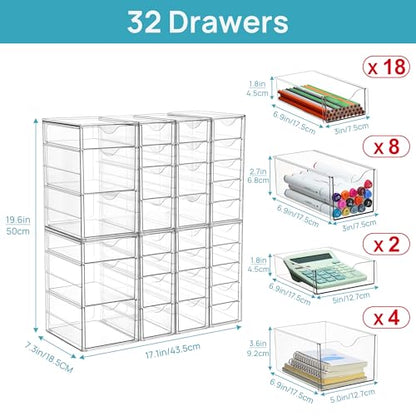 Vtopmart Acrylic Desk Organizer with 32 Drawers for Office, Makeup, Crafts | Clear Storage Drawers for Office Supplies, Desktop Organization for Makeup, Jewelry, Art Crafts, Bead, Pen, Stationary - style: E