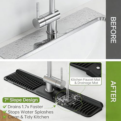 Silicone Faucet Mat for Kitchen Sink, Kitchen Sink Splash Guard Behind Faucet, Added Button Design to Effectively Prevent Water from Slipping Along the Faucet (Black, 24" x 5.5")