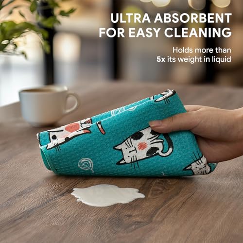 RECYCO Waffle Kitchen Towel Set of 2 - Quick Dry Microfiber Sustainable Dish Towels - Ultra Absorbent Reusable Cleaning Tea Towels - Lightweight Hand Towels,16”x 28”, Cuddly Cats - color: Cuddly Cats