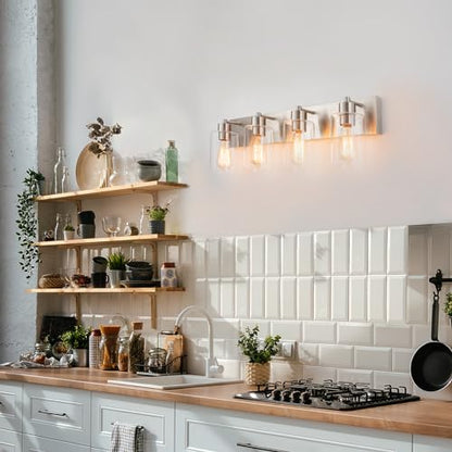 4-Light Brushed Nickel Bathroom Vanity Lights, Clear Glass | Brushed Nickel Metal Frame,Up/Down Wall Mount,cylinder Glass Shade,Kitchen Hallway Bedroom Indoor Use,Easy Install,E26 Base - size: 4-light