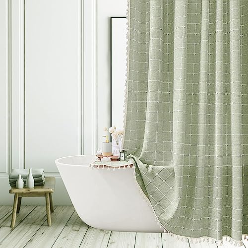 Sage Green Shower Curtain - Farmhouse Boho Modern Linen Fabric Shower Curtains for Bathroom, French Country Heavy Duty Bathroom Curtain Set with Tassel - Bohemian Cloth Shower Curtain 59x71 Green - color: Sage Green, size: 59"W x 71"L (Pack of 1)