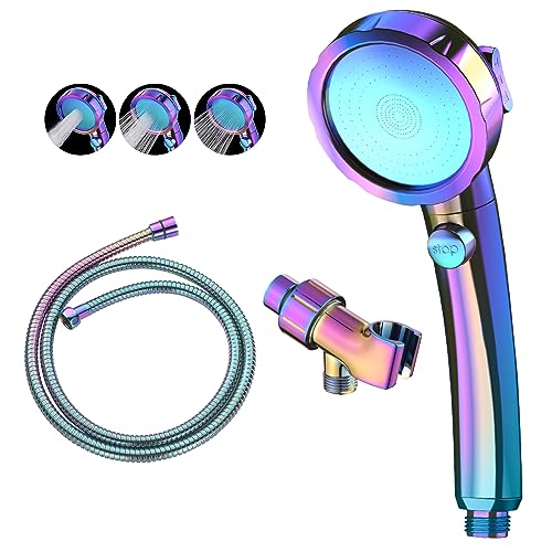 KAIYING High Pressure Handheld Shower Head with ON/OFF Switch, 3 Spray Modes, Adjustable Angle Bracket, Radiant Rainbow | 3 Spray Modes Shower Wand with Shut Off Button, Camper & RV Showerhead with Hose & Angle Adjustable Holder, Radiant Rainbow - color: