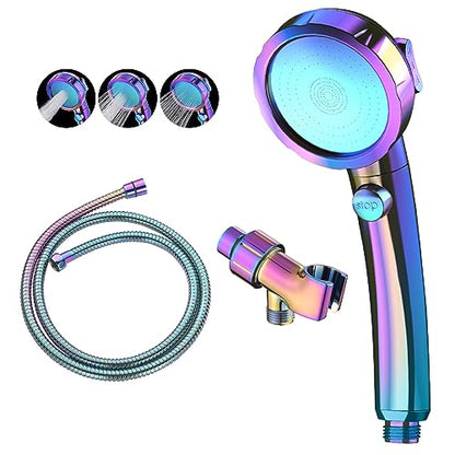KAIYING High Pressure Handheld Shower Head with ON/OFF Switch, 3 Spray Modes, Adjustable Angle Bracket, Radiant Rainbow | 3 Spray Modes Shower Wand with Shut Off Button, Camper & RV Showerhead with Hose & Angle Adjustable Holder, Radiant Rainbow - color: