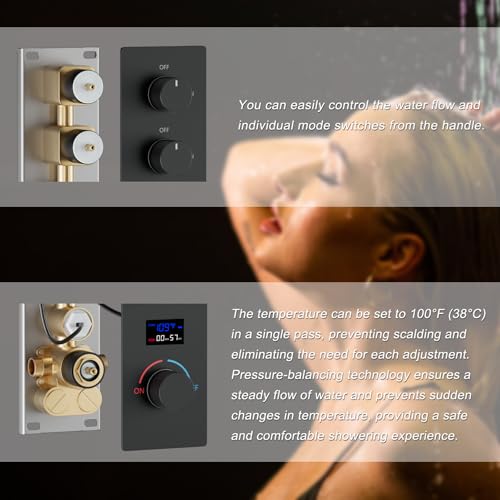 Matte Black Shower System Tempreature Display Shower Fuacet Set | 12 inch and 8 inch Full Body Shower Head, with 6 PCS Body Jet and Handheld Spray - color: Black, size: 12+8 inch