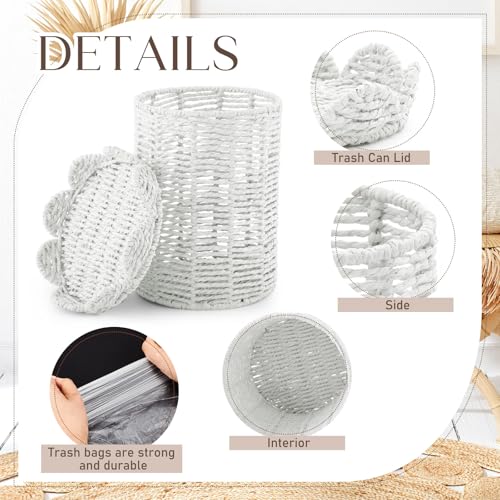 Ctosree 1.3 Gallons Small Wicker Trash Can with Lid Handle Woven Wicker Rattan Bathroom Waste Basket Boho Trash Basket with 100 Plastic Garbage Bags for Bedroom Office Laundry (Scalloped Style, White) - color: White, size: 1.3 Gallons, style: Scalloped St
