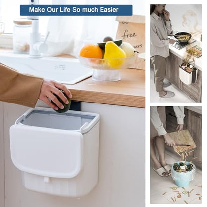 Kitchen Compost Bin Cabinet Hanging Small Trash Can with Lid 2.4 Gallon | Food Waste Bin for Counter Top Under Sink Rv Wall Mounted Bathroom Trash Can - color: ivory white