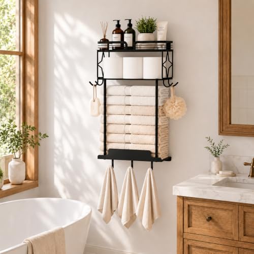 Towel Racks for Bathroom 23.8 Inch Wall Mounted Towel Rack with Shelf, Small Bathroom Towel Storage Holds 3–6 Large Rolled Towels, Metal Wall Towel Rack, Black - size: 23.8inch