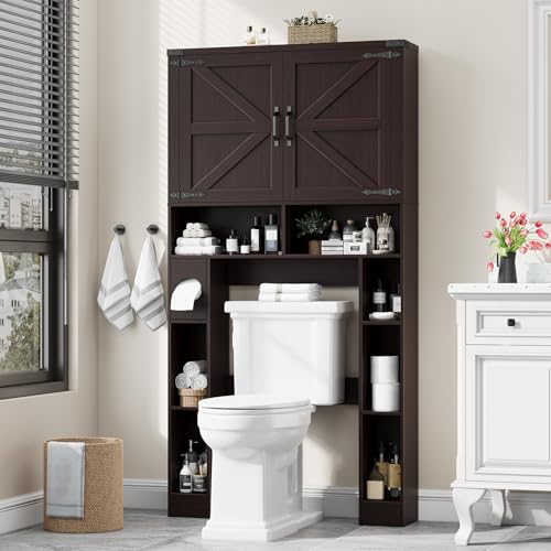 Vabches Home Space-Saving Toilet Rack with 2 Barn Doors (Walnut) | Farmhouse Over The Toilet Storage Cabinet, with Toilet Paper Holder Stand, for Laundry, Bathroom, Restroom - color: Walnut