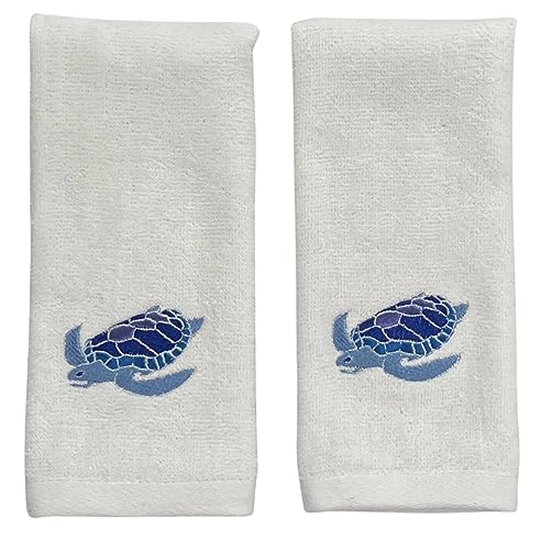 Serafina Home Sea Turtle Fingertip Towels Summer Soft Absorbent Bathroom Guest Decor : Aqua Blue Turquoise Royal Blue Embroidery Design, 2 Piece 12" x 18" Inches - color: Blue Turtle