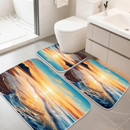 Bathroom Mat Set Ocean Beach Coastal Nautical Bathroom Rugs Sets 3 Piece Wave Sunset Sky Scenery, Memory Foam Bath Rugs, U-Shaped Toilet Rug Non Slip Absorbent Orange - color: Color5