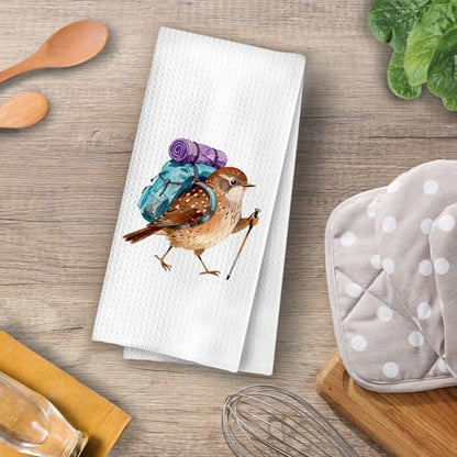 Bird Gifts Kitchen Towels - Funny Bird Decorative Waffle Dish Towels, Backpacking Birding Gifts Hand Towel, Wren Tea Towel, 16x24 Inch - color: Backpacking Bird