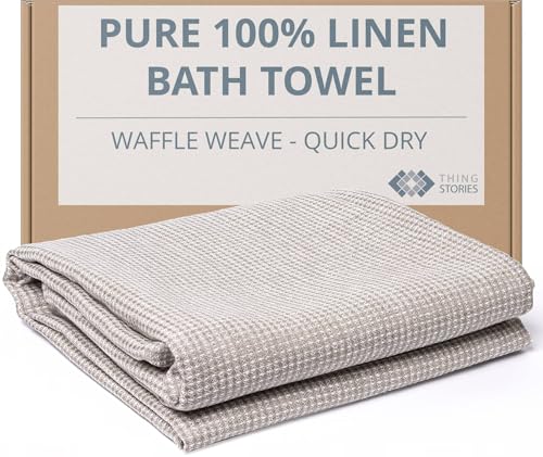 Natural Flax Linen Bath Towel - Waffle Weave Towels for Bathroom - Lightweight Travel Towel - Quick Dry Absorbant Decorative - color: White Natural, size: Bath Towel