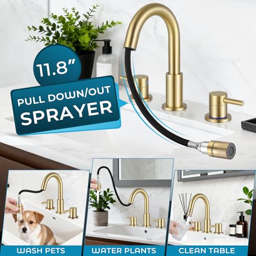 8 Inch Bathroom Faucet 3 Hole Gold Pull Down Bathroom Sink Faucet | Stainless Steel,Two Water Flow Modes,Brushed Nickle,3 hole Widespread,Pop-up Drain,Water Supply Hoses,Pull Down Sprayer, - color: A-Brushed Gold