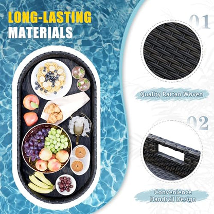 Devoko Pool Floating Tray 38”x20” Wicker Swimming Pool Drink Holders, Black | Large Oval Portable Serving Tray with Handles Wicker Swimming Pool Bar Accessories Floating Table for Adults, Spas, Parties - color: Black