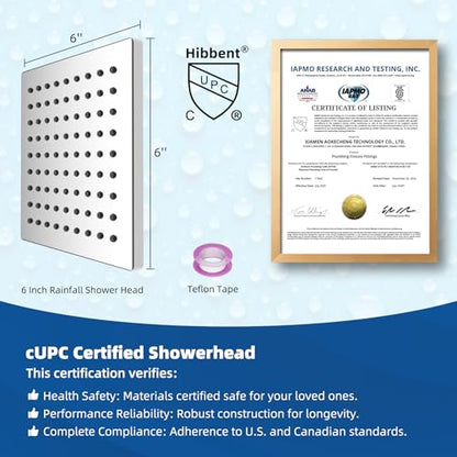 Hibbent cUPC Certified Thickness Metal 6'' Square Rain Shower Head, Chrome | High Pressure Shower Head, Bathroom Waterfall Shower Heads, High Flow Fixed Showerheads with Adjustable Brass Ball Joint - color: Chrome, style: Square 6''
