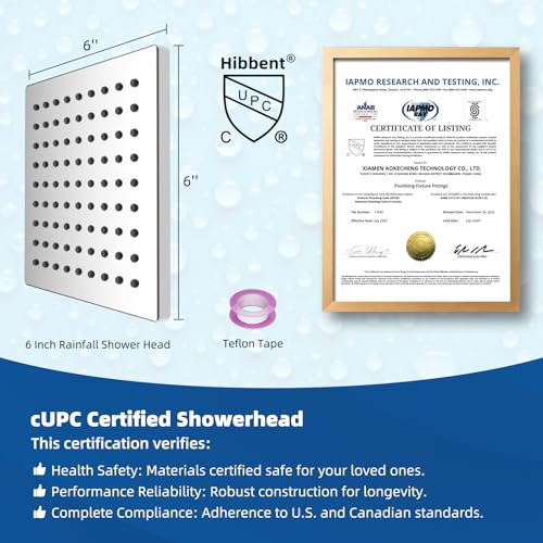 Hibbent cUPC Certified Thickness Metal 6'' Square Rain Shower Head, Chrome | High Pressure Shower Head, Bathroom Waterfall Shower Heads, High Flow Fixed Showerheads with Adjustable Brass Ball Joint - color: Chrome, style: Square 6''