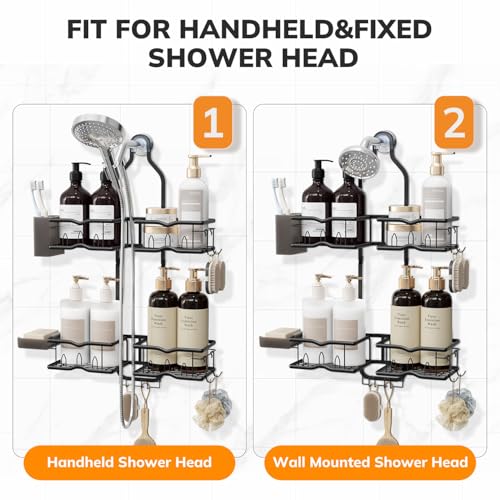 Heavy-Duty Shower Caddy Hanging for Handheld Showerhead, 2-Tier Adjustable Height Bathroom Organizer with 10 Hooks & Soap Holder, Rustproof Carbon Steel Anti-Swing Shower Shelves, Black