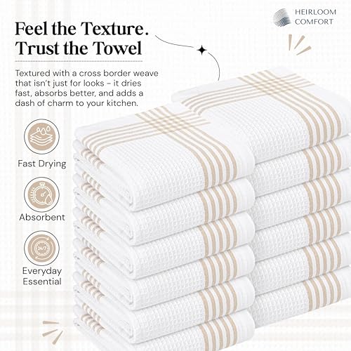 Beige and White Waffle Kitchen Towels 5 Pack, 100% Cotton, 16x26 Inch, Ultra Absorbent, Fast Dry Dish Towels, Reusable Dishcloths for Drying, Cleaning, Kitchen Use - color: Beige, White, style: 5 Pack