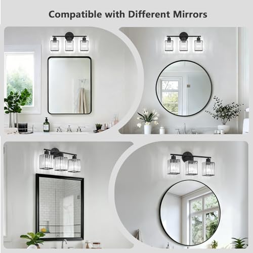 3 Light Bathroom Light Fixtures, Modern Crystal Vanity Lights over Mirror | Metal Frame, Bathroom Light with Square Crystal Shade, ETL Certified, E26 Ceramic Socket, Bulbs Not Included - color: Black, size: 3-Light