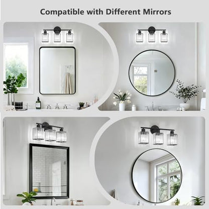 3 Light Bathroom Light Fixtures, Modern Crystal Vanity Lights over Mirror | Metal Frame, Bathroom Light with Square Crystal Shade, ETL Certified, E26 Ceramic Socket, Bulbs Not Included - color: Black, size: 3-Light