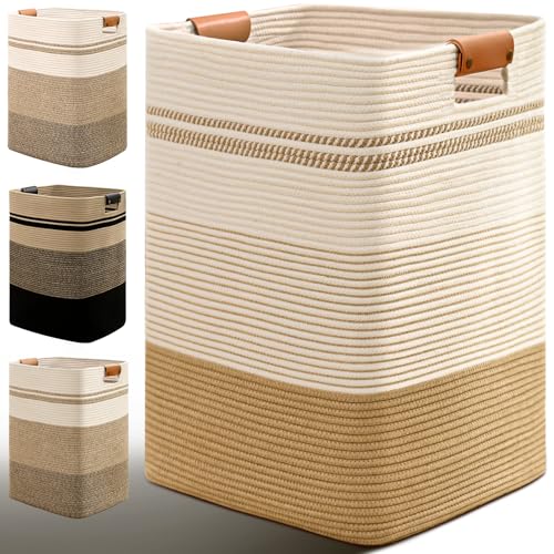 Laundry Hamper, 75L Tall Laundry Basket with Leather Handles, Rectangle Large Clothes Hamper for Organizing, Cotton Woven Laundry Baskets Storage Hampers for Bedroom, Nursery, Living Room - color: Jute & White, size: 75L