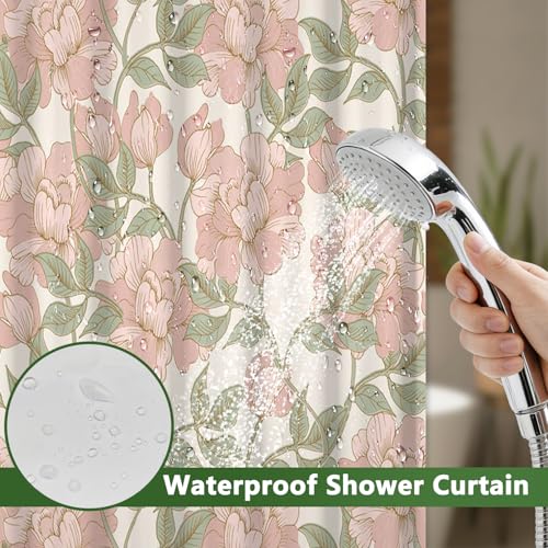 Pink Floral No Hook Shower Curtain and Liner Set, Double-Layer Waterproof Shower Curtains for Bathroom, Washable Shower Curtain with Snap in Liner, Weighted Bottom and Mesh Top Window, 71x74 Inches - color: Pink Flowers