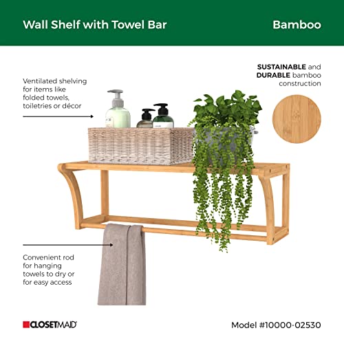 ClosetMaid Bamboo Wall Shelf with Towel Bar, Wall Mount Storage Shelves, Organizer Rack, Natural Finish - style: 1-Tier