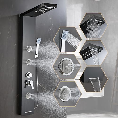 6 in1 Multi-Function Shower Panel Tower System-Brushed Black | 304 stainless steel Shower Panel Column Tower with Powerful Body Massage, Rainfall, Waterfall,Handheld and Tub Spout - color: Brushed Black, style: HSY-003