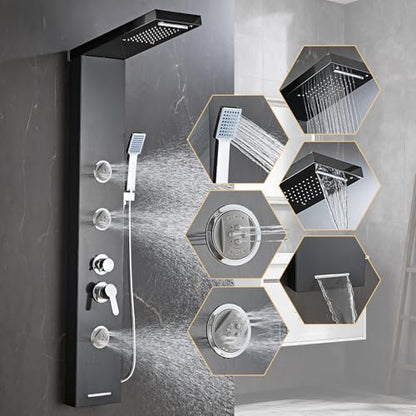 6 in1 Multi-Function Shower Panel Tower System-Brushed Black | 304 stainless steel Shower Panel Column Tower with Powerful Body Massage, Rainfall, Waterfall,Handheld and Tub Spout - color: Brushed Black, style: HSY-003