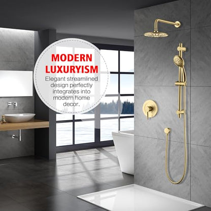SUMERAIN Brushed Gold Shower System with Slide Bar | High Pressure Multi-modes Shower Head and Handheld, Rainfall Shower Faucet, Included Valve and Trim Kit - color: Brushed Gold