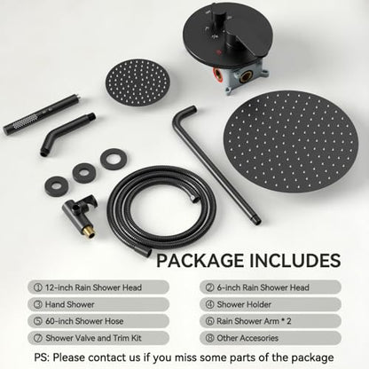 Shower Systems STARBATH 12+6" Round Dual Rainfall Shower Head with Handheld Spray for Two People, Wall Mounted 3 Way Rain Shower Faucet Sets Complete, Included Valve and Trim Kit, Matte Black - color: Matte Black, size: 6+12 inch-05