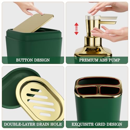 Bathroom Set - 27PC Bathroom Sets with Shower Curtain and Rugs, Green Bathroom Set, Bathroom Accessory Set, Trash Can, Toilet Brush & 3 PC Soap Dispensers - color: Dark Green, size: Bath Set+Boho Shower Curtain+Bath Rugs