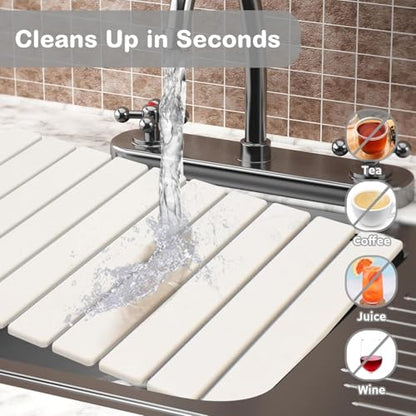Large Stone Dish Drying Mat for Kitchen Counter, 24"(L)×16"(W), Collapsible Quick Drying Mat, Absorbent Eco-Friendly Diatomaceous Earth Mats for Dishes Bottles and Match Any Countertop【White】