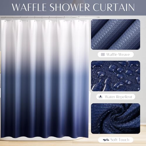 Bathroom Sets with Shower Curtain and Rugs Bathroom Accessories Set Navy Blue Bathroom Set,Soap Dispenser & Toilet Brush Holder Set with Stainless Steel Trash Can(23 PCS) - size: Navy Blue, style: Bath Set+Ombre Waffle Shower Curtain+Bath Rugs