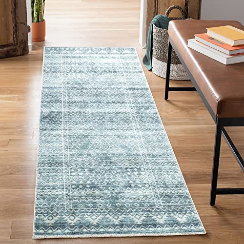 Bloom Rugs Caria Washable Non-Slip 10 ft Runner - Teal/Ivory Geometric Runner for Entryway, Hallway, Bathroom, and Kitchen - Exact Size: 2'6" x 10' - color: Teal / Ivory, size: 2'6" x 10' (Runner)