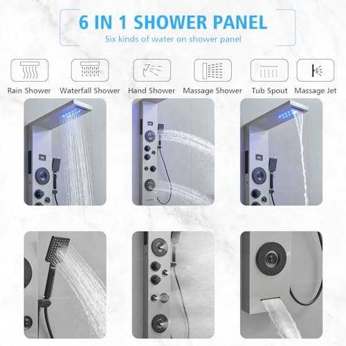 BWE Stainless Steel Shower Panel Tower System,LED Rainfall Waterfall Shower Head,4 Massage Body Jets,3 Functions Handhels Shower and Waterfall Tub Spout,Wall Mounted Shower Panel with Temp Display - color: Brushed Nickel and Black