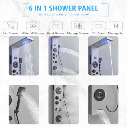 BWE Stainless Steel Shower Panel Tower System,LED Rainfall Waterfall Shower Head,4 Massage Body Jets,3 Functions Handhels Shower and Waterfall Tub Spout,Wall Mounted Shower Panel with Temp Display - color: Brushed Nickel and Black