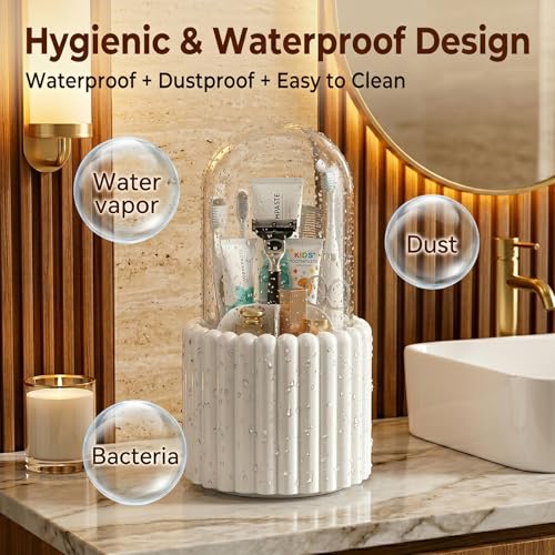 Toothbrush Holder with Sliding Lid, Toothbrush Holders for Bathrooms,360° Rotating Makeup Brush Storage Rack - Waterproof and Dustproof, Toothbrush Toothpaste Holder Beauty Brush (Snow-White) - color: Snow-white