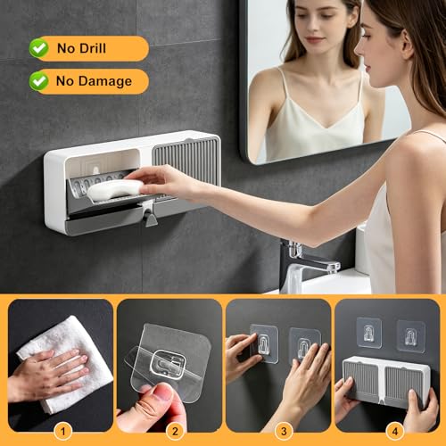 Strong Adhesive Hook Wall-Mounted Soap Dish Holder, 2-Layer Draining Tray with Removable Container, Keeps Soap Dry for Bathroom, Shower, Sink, Kitchen- Space Saver (1-Pack Grey-Dual Compartment) - color: 1-pk Grey-dual Compartment
