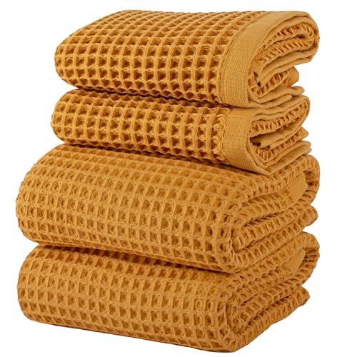 PÜSKÜL Natural 100% Turkish Cotton Waffle Towels Set of 4-Piece, Mustard Y. | 2-Bath sheet (Extra-large 32x63") and 2-Hand towel (Large 32x16"). Premium honeycomb-waffle weave, oeko-tex made in Turkiye. - color: Mustrad Yellow
