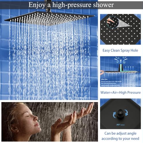 12 Inch Matte Black Ceiling Mount Shower System Bathroom Luxury Rain Mixer Shower Combo Set Ceiling Rainfall Shower Head System Faucet Contain Rough-in Valve and Trim Included - color: Matte Black, size: 12 Inch