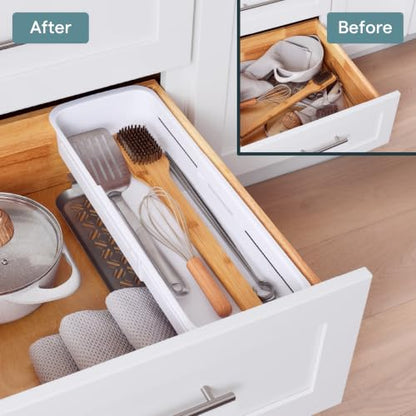YouCopia DrawerFit® Sliding Drawer Bin, Expandable and Adjustable Kitchen Storage Organizer, Speckled White - style: Bin