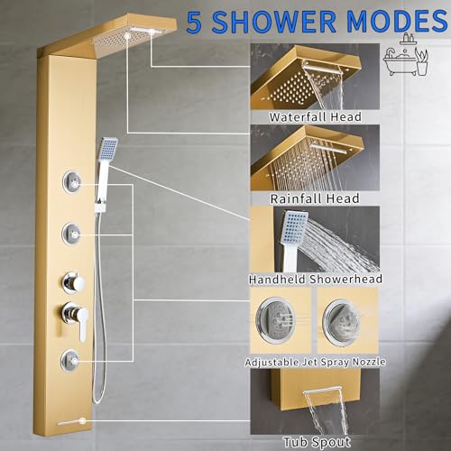 6 in1 Multi-Function Shower Panel Tower System-Brushed Gold | 304 stainless steel Shower Panel Column Tower with Powerful Body Massage, Rainfall, Waterfall,Handheld and Tub Spout - color: Brushed Gold, style: HSY-003